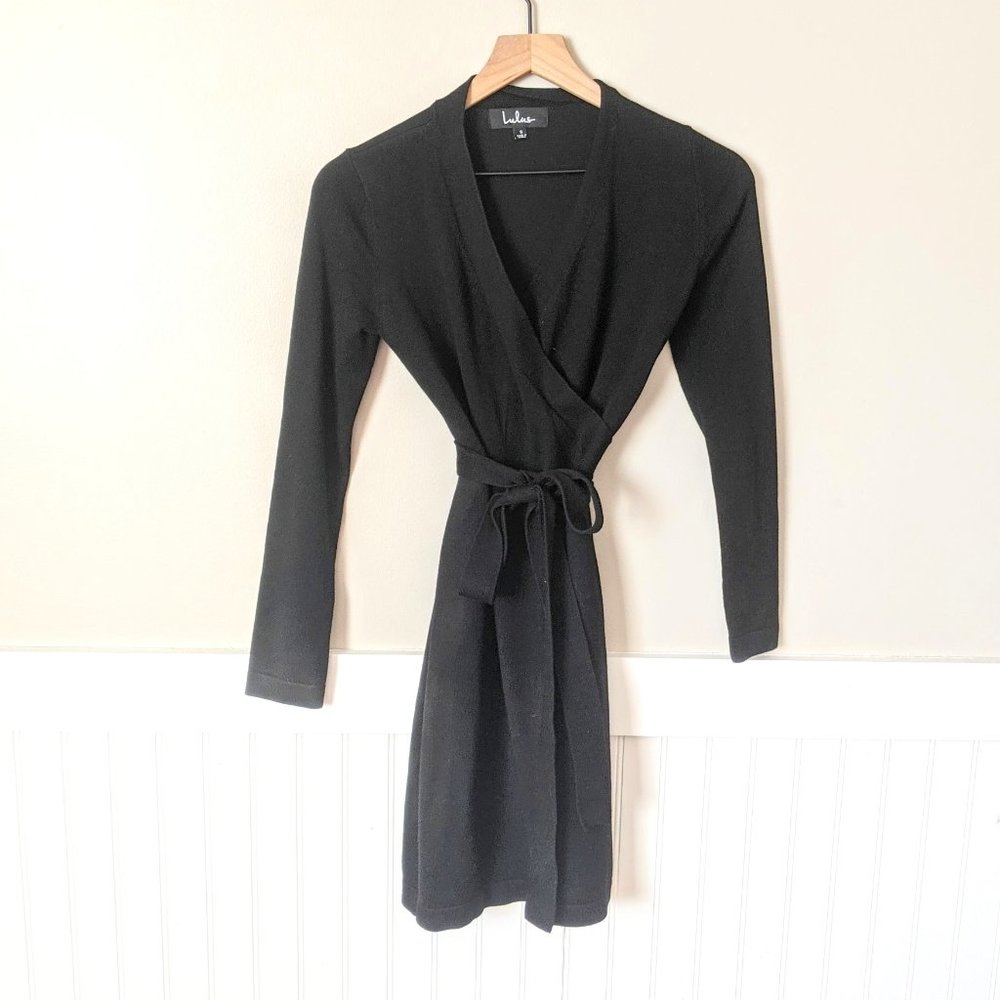 Lulu's Black Knit Sweater Wrap Dress S
